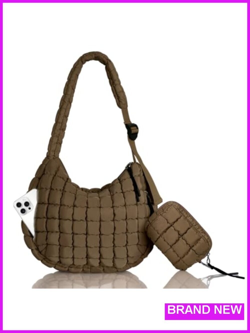 Quilted Puffer Tote Bag with Adjustable Strap and Detachable Pouch
